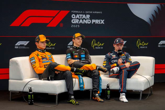 Formula 1 Qatar Airways Qatar Grand Prix 2025 Romain Mathon OVERTAKE MAXPPP - Lusail 29 11 2025 04 NORRIS Lando (gbr), McLaren F1 Team, 01 VERSTAPPEN Max (nld), Oracle Red Bull Racing and 81 PIASTRI Oscar (aus), McLaren F1 Team in the press conference, PK, Pressekonferenz at the Formula 1 Qatar Airways Qatar Grand Prix 2025, the 23rd round of the 2025 FIA Formula 1 World Championship, WM, Weltmeisterschaft at the Lusail International Circuit in Lusail, Qatar, from 27 to 30 November 2025 Lusail Lusail International Circuit Qatar Copyright: xOVERTAKE MAXPPPxRomainxMathonx OVT202511291205 OVT202511291205