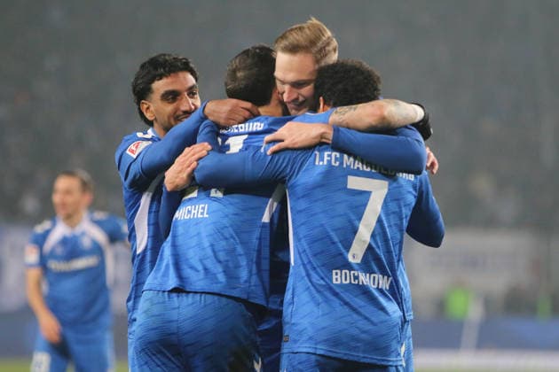 29 11 2025 Soccer Men 2025 2026 2 Bundesliga 14 Matchday 1 FC Magdeburg 1 FC Nürnberg Avnet Arena Magdeburg Goal celebration from FCM after the supposed 4 0 offside Magdeburg Saxony Anhalt Germany