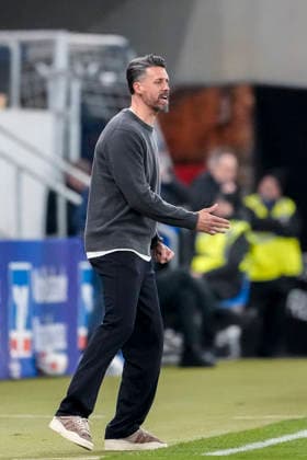 Sandro Wagner coach, head coach, FCA , gives instructions, gestures, gesticulates with arms, cropped image, full body, single image, single photo, action, action, 29 11 2025, Sinsheim Germany , football, Bundesliga, TSG 1899 Hoffenheim FC Augsburg, DFB DFL REGULATIONS PROHIBIT ANY USE OF PHOTOGRAPHS AS IMAGE SEQUENCES AND OR QUASI VIDEO xozx