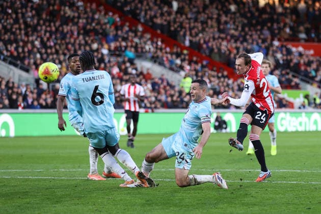 Brentford gegen Burnley 29 November 2025, London Premier League Fußball Brentford gegen Burnley Mikkel Damsgaard von Brentford schießt Foto Jacques Feeney Abseits London UK  Copyright: xJacquesxFeeneyx xOffsidexOffside