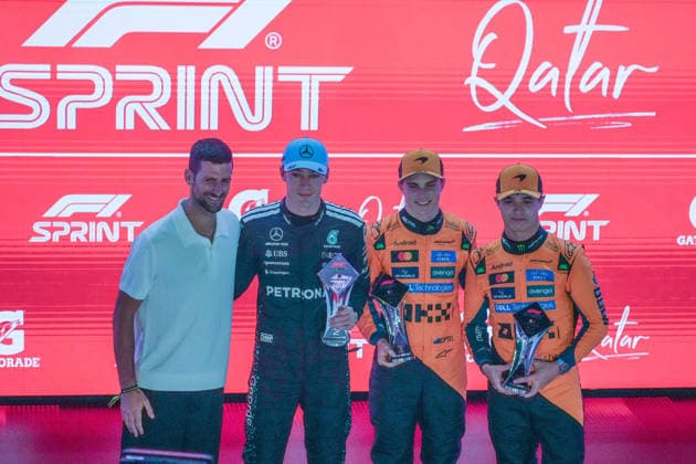 MOTORI - Formula 1 - Qatar Grand Prix 2025 - Sprint Race (from L to R), Novak Djokovic (CRO) Tennis Player, George Russell (GBR) - Mercedes-AMG PETRONAS F1 Team - Mercedes W16 - Mercedes E Performance, Oscar Piastri (AUS) - McLaren Formula 1 Team - McLaren MCL39 - Mercedes, Lando Norris (GBR) - McLaren Formula 1 Team - McLaren MCL39 - Mercedes during the Sprint Race of the Formula 1 Qatar Airways Qatar Grand Prix 2025 at Losail International Circuit, ahead of Round 23 of 24 of the 2025 FIA Formula One World Championship, WM, Weltmeisterschaft (November 28-30, 2025). Qatar Qatar  Copyright: xIPAxSport ABACAx