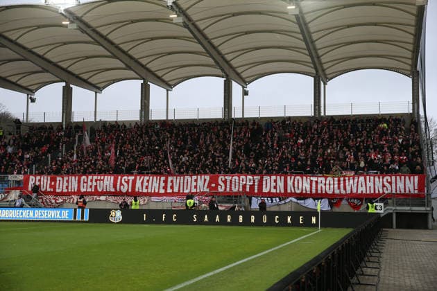 29 11 2025, xrekx, Soccer 3 Liga, 1 FC Saarbruecken Rot Weiss Essen v l RWE Fans ,Atmosphere, Scarves, Shirt, Flag, Banner, Ultras, Spectators, Visitors, Choreo, Choreography, atmosphere, spectators, Visitors DFL DFB REGULATIONS PROHIBIT ANY USE OF PHOTOGRAPHS as IMAGE SEQUENCES and or QUASI VIDEO Saarbruecken
