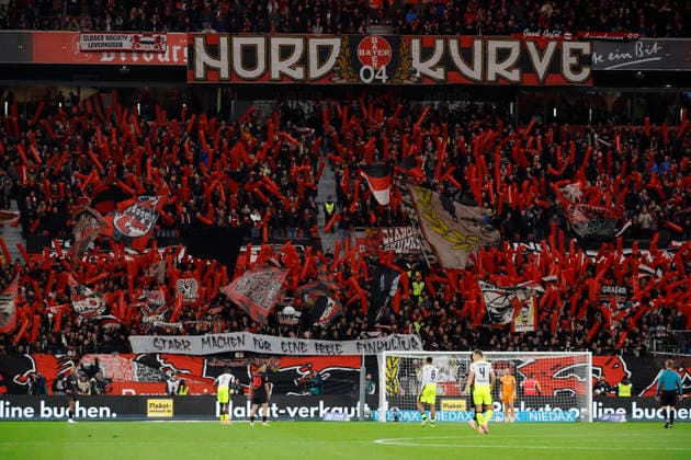 Leverkusen, Germany, 1 Soccer Bundesliga 12 Matchday Season 2025 26 Bayer 04 Leverkusen Borussia Dortmund 1 2 on 29 11 2025 at the Bay Arena in Leverkusen The fans in the Norkurve show their protest against the guidelines of the Conference of Interior Ministers regarding measures against organized football fans