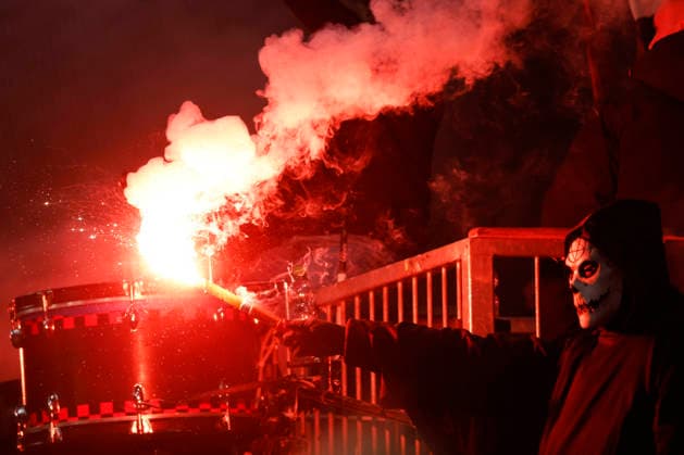 Leverkusen, Germany, 1 Soccer Bundesliga 12 Matchday Season 2025 26 Bayer 04 Leverkusen Borussia Dortmund 1 2 on 29 11 2025 at Bay Arena in Leverkusen Leverkusen Ultrafans in macabre costumes burn down pyrotechnics