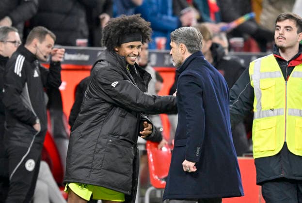 Coach Niko Kovac Borussia Dortmund with Karim Adeyemi l Borussia Dortmund after the match Soccer 1 Bundesliga,12 Matchday, Bayer 04 Leverkusen Borussia Dortmund 1 2, on 29 11 2025 in Leverkusen Germany DFL regulations prohibit any use of photographs as image sequences and or quasi video Â