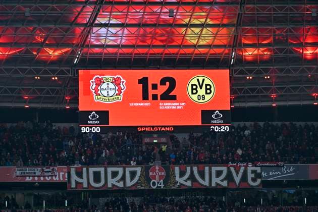 Result on the scoreboard Soccer 1 Bundesliga,12 Matchday, Bayer 04 Leverkusen Borussia Dortmund 1 2, on 29 11 2025 in Leverkusen Germany DFL regulations prohibit any use of photographs as image sequences and or quasi video Â