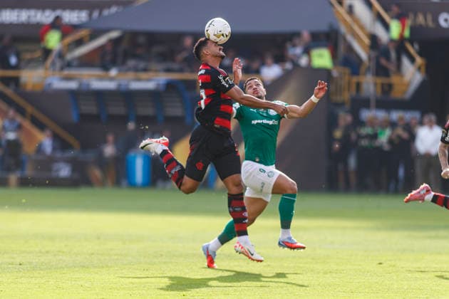 Palmeiras v Flamengo - Copa CONMEBOL Libertadores 2025 Final Lima, Peru - November 29: Danilo Luiz of Flamengo fights for the ball with Vitor Roque of Palmeiras during the Copa CONMEBOL Libertadores 2025 Final match between Palmeiras and Flamengo at Estadio Monumental U de Lima. Copyright: xLatinxSportxImagesx