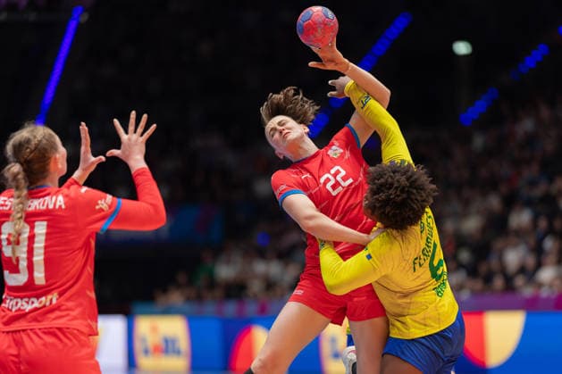 Brazil Czech Republic, IHF Womens Handball World Championship Marketa Sustackova Czech Republic, 22 vs Mariana Christina Oliveira Fernandes Brazil, 6 On the left lurks Anna Jestribkova Czech Republic, 91 Preliminary round match of the Womens Handball World Championship between Brazil and Czech Republic on November 29, 2025 at the Porsche Arena in Stuttgart , Stuttgart Baden Württemberg Germany Porsche Arena