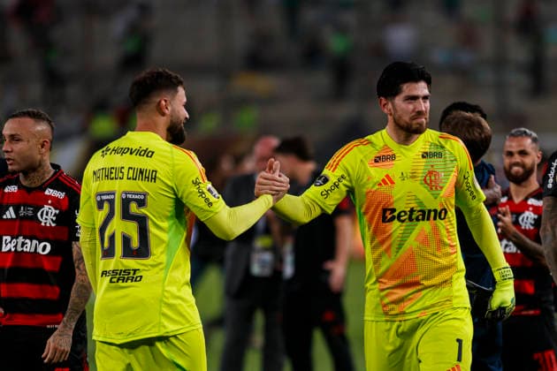 Palmeiras v Flamengo - Copa CONMEBOL Libertadores 2025 Final Lima, Peru - November 29: Goalkeeper Agustin Rossi and Goalkeeper Matheus Cunha of Flamengo celebrates after winning the Copa CONMEBOL Libertadores 2025 Final match between Palmeiras and Flamengo at Estadio Monumental U de Lima. Copyright: xLatinxSportxImagesx
