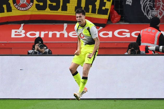 Cheers Aaron Anselmino Borussia Dortmund , Aaron Anselmino 0 1 29 11 2025, Soccer 1 Bundesliga, Season 2025 2026, 12 Matchday, Bayer 04 Leverkusen Borussia Dortmund 1 2 DFL regulations prohibit any use of photographs as image sequences and or quasi video Leverkusen BayArena Nordrhein Westfalen Germany Team2