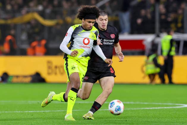 Karim Adeyemi Borussia Dortmund and Ibrahim Maza Bayer 04 Leverkusen battle for the ball, Bundesliga, Bayer 04 Leverkusen v Borussia Dortmund, BayArena, November 29, 2025 in Leverkusen, Germany Photo by Marco Steinbrenner DeFodi Images Karim Adeyemi Borussia Dortmund and Ibrahim Maza Bayer 04 Leverkusen battle for the ball, Bundesliga, Bayer 04 Leverkusen v Borussia Dortmund, BayArena, November 29, 2025 in Leverkusen, Germany Photo by Marco Steinbrenner DeFodi Images DFL regulations prohibit any use of photographs as image sequences and or quasi video