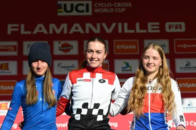 Italian Giorgia Pellizotti, French Lise Revol and Lucie Grohova pictured on the podium after the women s under 19 race at the Cyclocross World Cup cyclocross event in Flamanville, France, Sunday 30 November 2025, the 2nd stage (out of 12) in the World Cup of the 2025-2026 season. DAVIDxPINTENS  x145351155x