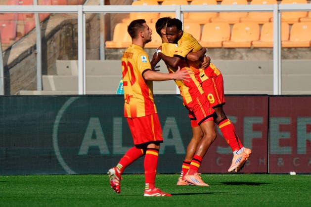 CALCIO - Serie A - US Lecce vs Torino FC Lassana Coulibaly of US Lecce celebrates after scoring a goal with Tiago Gabriel of US Lecce during US Lecce vs Torino FC, Italian soccer Serie A match in Lecce, Italy, November 30 2025 Lecce Italy  Copyright: xIPAxSport ABACAx