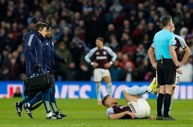 Birmingham, England, 30th November 2025. Ross Barkley of Aston Villa lies on the floor injured leading to his withdrawal after coming on as a substitute during the Aston Villa vs Wolverhampton Wanderers Premier League match at Villa Park, Birmingham. Picture credit should read: Andrew Yates Sportimage EDITORIAL USE ONLY. No use with unauthorised audio, video, data, fixture lists, club league logos or live services. Online in-match use limited to 120 images, no video emulation. No use in betting, games or single club league player publications. SPI_042_AY_Villa_Wolves SPI-4336-0042