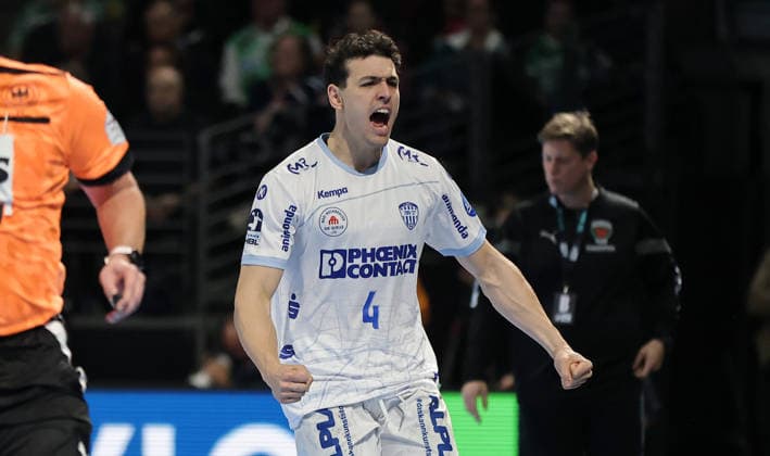 Samuel Zehnder cheers joy emotion jubilation Sport Handball HBL Bundesliga Men 14 Matchday Season 2025 2026 30 11 2025 Füchse Berlin vs TBV Lemgo Lippe