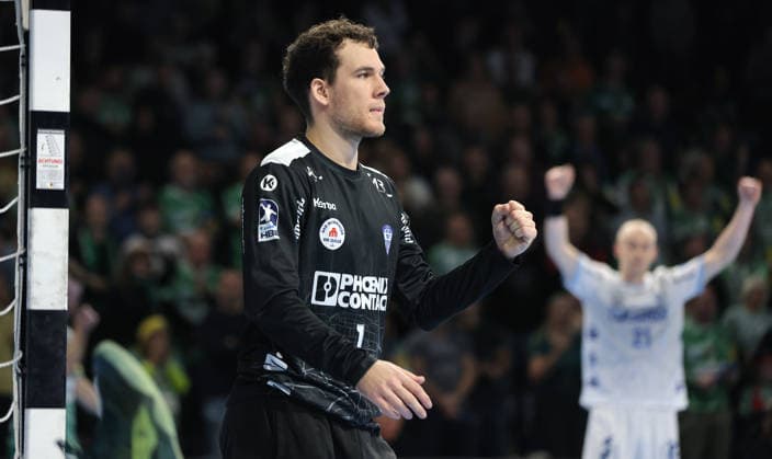 Goalkeeper Constantin Möstl celebrates after a save Joy Emotion Cheers Sport Handball HBL Bundesliga Men 14 Matchday Season 2025 2026 30 11 2025 Füchse Berlin vs TBV Lemgo Lippe
