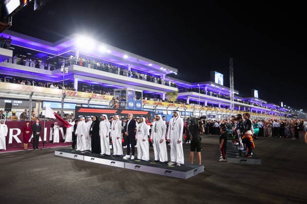 F1 - QATAR GRAND PRIX 2025 National anthem grid, BEN SULAYEM Mohammed (uae), President of the FIA, portrait DOMENICALI Stefano (ita), Chairman and CEO Formula One Group FOG, portrait during the 2025 Formula 1 Qatar Grand Prix, 23th round of the 2025 FIA Formula One World Championship, WM, Weltmeisterschaft from November 28 to 30, 2025 on the Lusail International Circuit, in Lusail, Qatar - Copyright: xEricxAlonsox