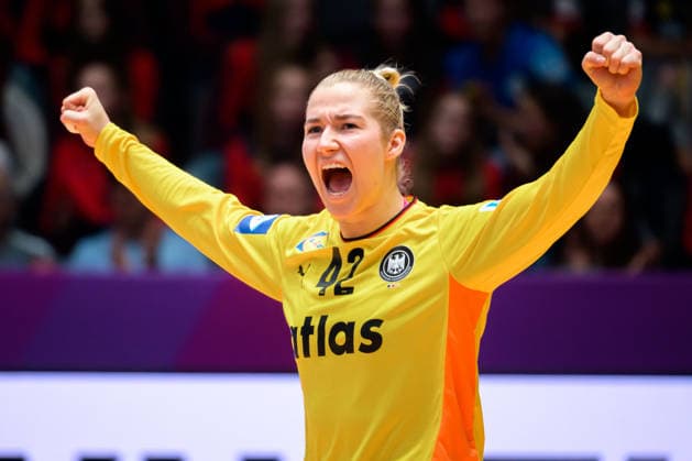 Handball, Womens World Championship, Group C Germany Serbia Goalkeeper Katharina Filter Germany Cheers Joy Emotion Stuttgart Porsche Arena Baden Württemberg Germany