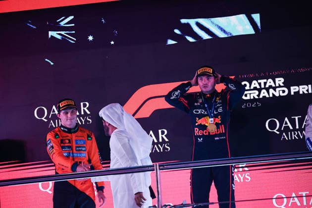 F1 - QATAR GRAND PRIX 2025 VERSTAPPEN Max (ned), Red Bull Racing RB21, portrait podium celebration during the 2025 Formula 1 Qatar Grand Prix, 23th round of the 2025 FIA Formula One World Championship, WM, Weltmeisterschaft from November 28 to 30, 2025 on the Lusail International Circuit, in Lusail, Qatar - LusailQatar  Copyright: xEricxAlonsox