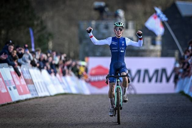 French Aubin Sparfel celebrates as he crosses the finish line to win the men s under 23 race at the Cyclocross World Cup cyclocross event in Flamanville, France, Sunday 30 November 2025, the 2nd stage (out of 12) in the World Cup of the 2025-2026 season. DAVIDxPINTENS  x145436801x