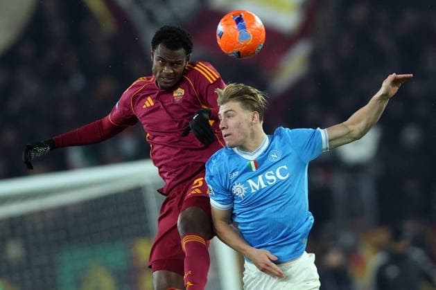 CALCIO - Serie A - AS Roma vs SSC Napoli Rome, Italy - November 30, 2025: Evan Ndicka of Roma, Hojlund Rasmus Winter seen in action during the Serie A Enilive 2025-2026 football match between AS Roma and SSC Napoli at Olympic Stadium. Rome Italy  Copyright: xIPAxSport ABACAx