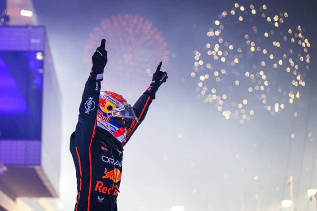 (251201) -- DOHA, Dec. 1, 2025 -- Red Bull s Dutch Driver Max Verstappen celebrates his win after the Formula One Qatar Grand Prix at the Lusail International Circuit in Doha, Qatar, on Nov. 30, 2025. (Photo by Liu Minghao Xinhua) (SP)QATAR-DOHA-F1-GRAND PRIX TongxLian 