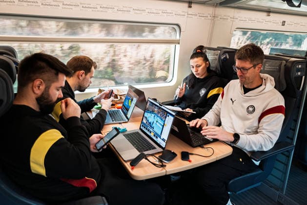 Handball, Women Germany Train journey to Dortmund from left Lukasz Kalwa video analyst , co-coach Frederick Griesbach Germany , goalkeeping coach Jasmina Rebmann Jankovic Germany , coach Markus Gaugisch Germany Stuttgart Baden Württemberg Germany