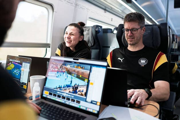 Handball, Women Germany Train journey to Dortmund Goalkeeping coach Jasmina Rebmann Jankovic Germany , Coach Markus Gaugisch Germany smiling smiling smiling smiling Stuttgart Baden Württemberg Germany