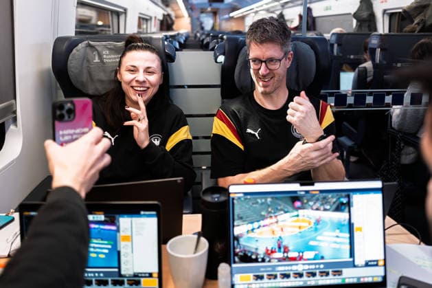 Handball, Women Germany Train journey to Dortmund Goalkeeping coach Jasmina Rebmann Jankovic Germany , Coach Markus Gaugisch Germany smiling smiling smiling smiling Stuttgart Baden Württemberg Germany