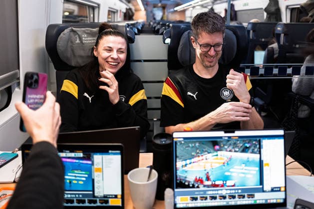Handball, Women Germany Train journey to Dortmund Goalkeeping coach Jasmina Rebmann Jankovic Germany , Coach Markus Gaugisch Germany smiling smiling smiling smiling Stuttgart Baden Württemberg Germany