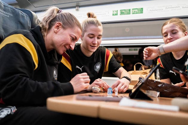 Handball, Women Germany Train journey to Dortmund Jenny Behrend Germany , Goalkeeper Katharina Filter Germany , Alexia Hauf Germany Stuttgart Baden Württemberg Germany