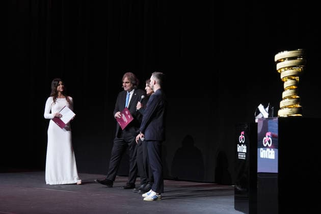 From left Pierluigi Pardo , Barbara Pedrotti Elisa Longo Borghini and Simon Yates during the presentation of the 2026 Giro d Italia man and women in Rome, Italy - December 1, 2025  Copyright: xMassimoxPaolone LaPressex