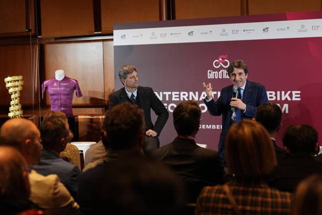 Matteo Zoppas, Urbano Cairo all International Bike Economy Forum before to the presentation of the 2026 Giro d Italia and 2026 Giro d Italia Women in Rome, Monday, December 1, 2025. Sports, cycling  Copyright: xMassimoxPaolone LaPressex