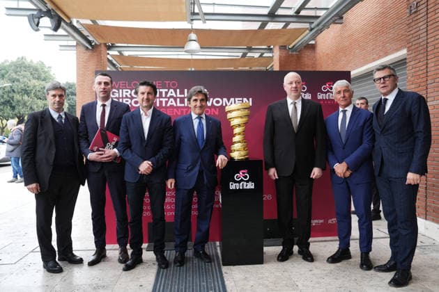 Matteo Zoppas, Ivan Peshev, Miroslav Borshosh, Urbano Cairo, Rosen Zhelyazkov, Andrea Abodi, Paolo Bellino all International Bike Economy Forum before to the presentation of the 2026 Giro d Italia and 2026 Giro d Italia Women in Rome, Monday, December 1, 2025. Sports, cycling Copyright: xMassimoxPaolone LaPressex