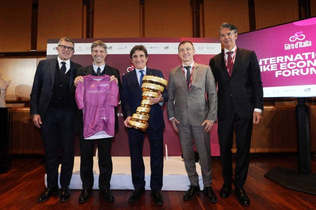 Paolo Bellino, Matteo Zoppas, Urbano Cairo, Carmelo Carbotti all International Bike Economy Forum before to the presentation of the 2026 Giro d Italia and 2026 Giro d Italia Women in Rome, Monday, December 1, 2025. Sports, cycling  Copyright: xMassimoxPaolone LaPressex