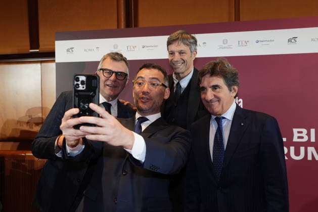 Paolo Bellino, Matteo Zoppas, Francesco Bellissimo, Urbano Cairo, all International Bike Economy Forum before to the presentation of the 2026 Giro d Italia and 2026 Giro d Italia Women in Rome, Monday, December 1, 2025. Sports, cycling  Copyright: xMassimoxPaolone LaPressex