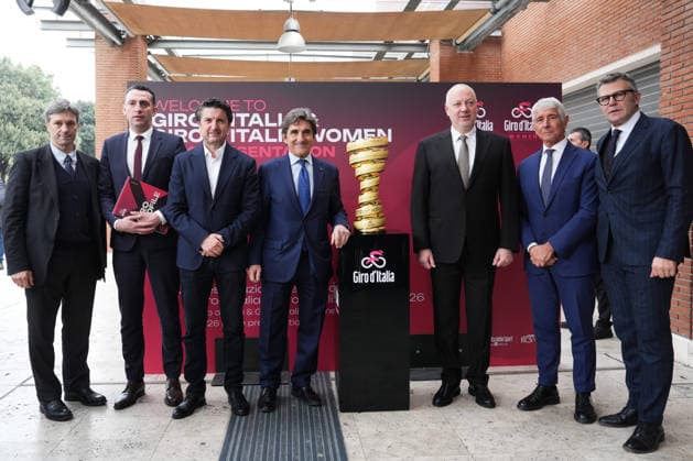 Matteo Zoppas, Ivan Peshev, Miroslav Borshosh, Urbano Cairo, Rosen Zhelyazkov, Andrea Abodi, Paolo Bellino all International Bike Economy Forum before to the presentation of the 2026 Giro d Italia and 2026 Giro d Italia Women in Rome, Monday, December 1, 2025. Sports, cycling Copyright: xMassimoxPaolone LaPressex