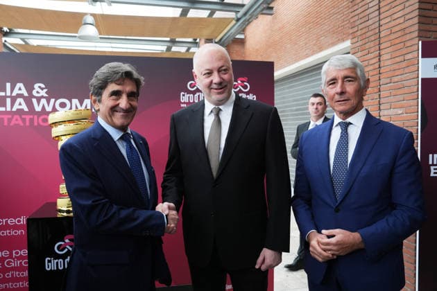 Urbano Cairo, Rosen Zhelyazkov, Andrea Abodi all International Bike Economy Forum before to the presentation of the 2026 Giro d Italia and 2026 Giro d Italia Women in Rome, Monday, December 1, 2025. Sports, cycling  Copyright: xMassimoxPaolone LaPressex