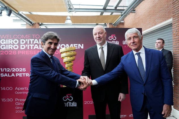 Urbano Cairo, Rosen Zhelyazkov, Andrea Abodi all International Bike Economy Forum before to the presentation of the 2026 Giro d Italia and 2026 Giro d Italia Women in Rome, Monday, December 1, 2025. Sports, cycling  Copyright: xMassimoxPaolone LaPressex