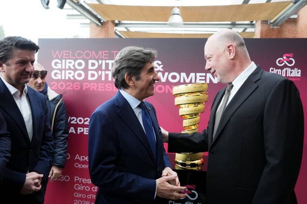 Urbano Cairo, Rosen Zhelyazkov all International Bike Economy Forum before to the presentation of the 2026 Giro d Italia and 2026 Giro d Italia Women in Rome, Monday, December 1, 2025. Sports, cycling  Copyright: xMassimoxPaolone LaPressex