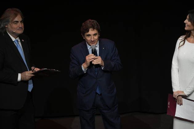 The RCS President Urbano Cairo between Pierluigi Pardo and Barbara Pedrotti during the Giro d™Italia and Giro d™Italia Women 2026 Presentation - Auditorium Parco della Musica Ennio Morricone in Rome, Italy - Monday December 01, 2026. - Cycling  Copyright: xFabrizioxCorradetti LaPressex