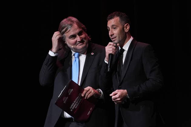 Vincenzo Nibali and Pierluigi Pardo during the presentation of the 2026 Giro d Italia man and women in Rome, Italy - December 1, 2025  Copyright: xMassimoxPaolone LaPressex