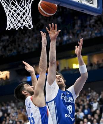 Axel Bouteille of France (left) and Mikael Jantunen of Finland in action during men s FIBA World Cup basketball qualifying match Finland vs France in Espoo, Finland on December 1, 2025. Espoo Finland LKFTJK20251201183505NWIL  Copyright: xMikkoxStigx LKFTJK20251201183505NWIL