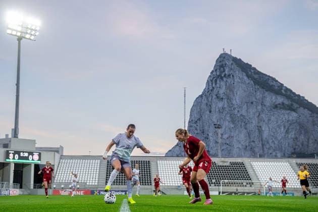 251201 Elisabeth Terland of Norway and Emma Faerge of Denmark during the international friendly football match between Denmark and Norway on December 1, 2025 in La Linea Photo Vegard Grott BILDBYRAN kod VG VG0842 bbeng fotboll football soccer fotball träningslandskamp privatlandskamp landskamp international friendly norge norway women dam danmark denmark  Copyright: VEGARDxGRoTT BB251201VG020
