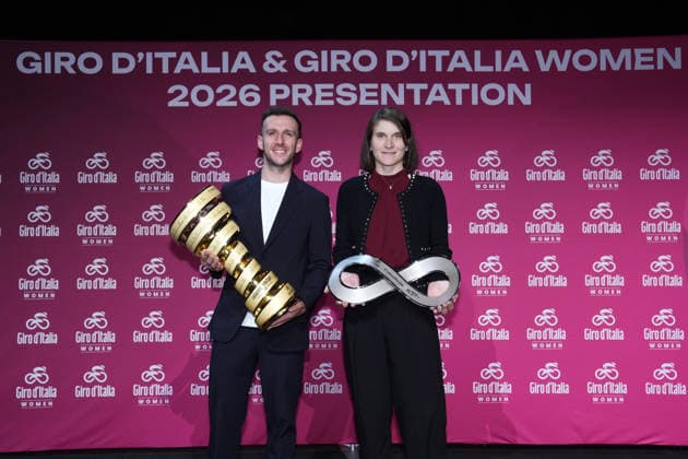Elisa Longo Borghini and Simon Yates with the trophy during the presentation of the 2026 Giro d Italia man and women in Rome, Italy - December 1, 2025  Copyright: xMassimoxPaolone LaPressex