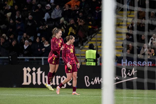 01 12 2025, Football, Women, International match round 2025 2026, Group A, Germany U 23 France U 23 Mara Alber 7 Germany U23 celebrates the opening goal with Larissa Mühlhaus 10 Germany U23