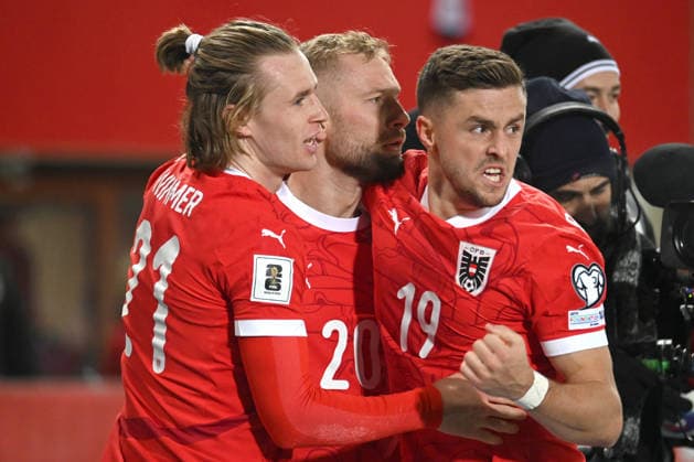 PATRICK WIMMER, CHRISTOPH BAUMGARTNER, Austria, World Cup 2026 Qualyfing, Austria vs Bosnia and Herzegovina 1-1, 18-11-2025, Esultanza, Celebration, Jubel QUALIFICAZIONI MONDIALI 2026 AUSTRIA-BOSNIA ED ERZEGOVINA 1-1