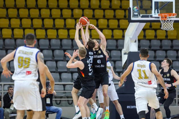 FIBA World Cup Qualifiers : Cyprus vs Germany CHRISTIAN SENGFELDER of Germany and MALTE DELOW of Germany try to take a rebound. Cyprus plays vs Germany for the Group E of the FIBA Basketball World Cup European Qualifiers, at Spyros Kyprianou Arena, Limassol, Cyprus, on Dec. 1, 2025. Limassol Cyprus Copyright: xKOSTASxPIKOULASx