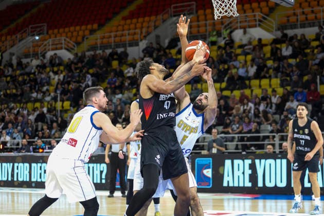 FIBA World Cup Qualifiers : Cyprus vs Germany NORRIS AGBAKOKO of Germany wins a foul from SIMON MICHAIL of Cyprus. Cyprus plays vs Germany for the Group E of the FIBA Basketball World Cup European Qualifiers, at Spyros Kyprianou Arena, Limassol, Cyprus, on Dec. 1, 2025. Limassol Cyprus Copyright: xKOSTASxPIKOULASx