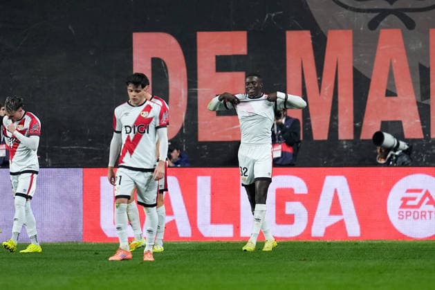 December 1, 2025, Madrid, Madrid, Spain: Nobel Mendy of Rayo Vallecano celebrates a goal during the Spanish League, LaLiga EA Sports, football match played between Rayo Vallecano and Valencia CF at Estadio de Vallecas on December 01, 2025, in Madrid, Spain. Madrid Spain - ZUMAa181 20251201_zaa_a181_153 Copyright: xDennisxAgyemanx